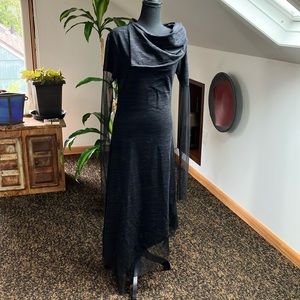 Long black/gray dress, structured cowl neck, mesh sleeves and hem size Small